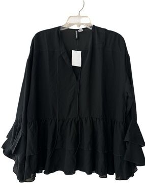 DIVIDED by H&M semi-sheer tunic top, black, sz Large, ruffle sleeve, drop waist